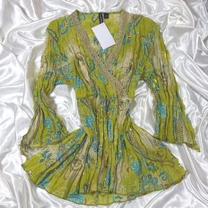 y2k Tunic Top Green New Essentially by MMS Paisley Sequin Bell Sleeve Smocked M